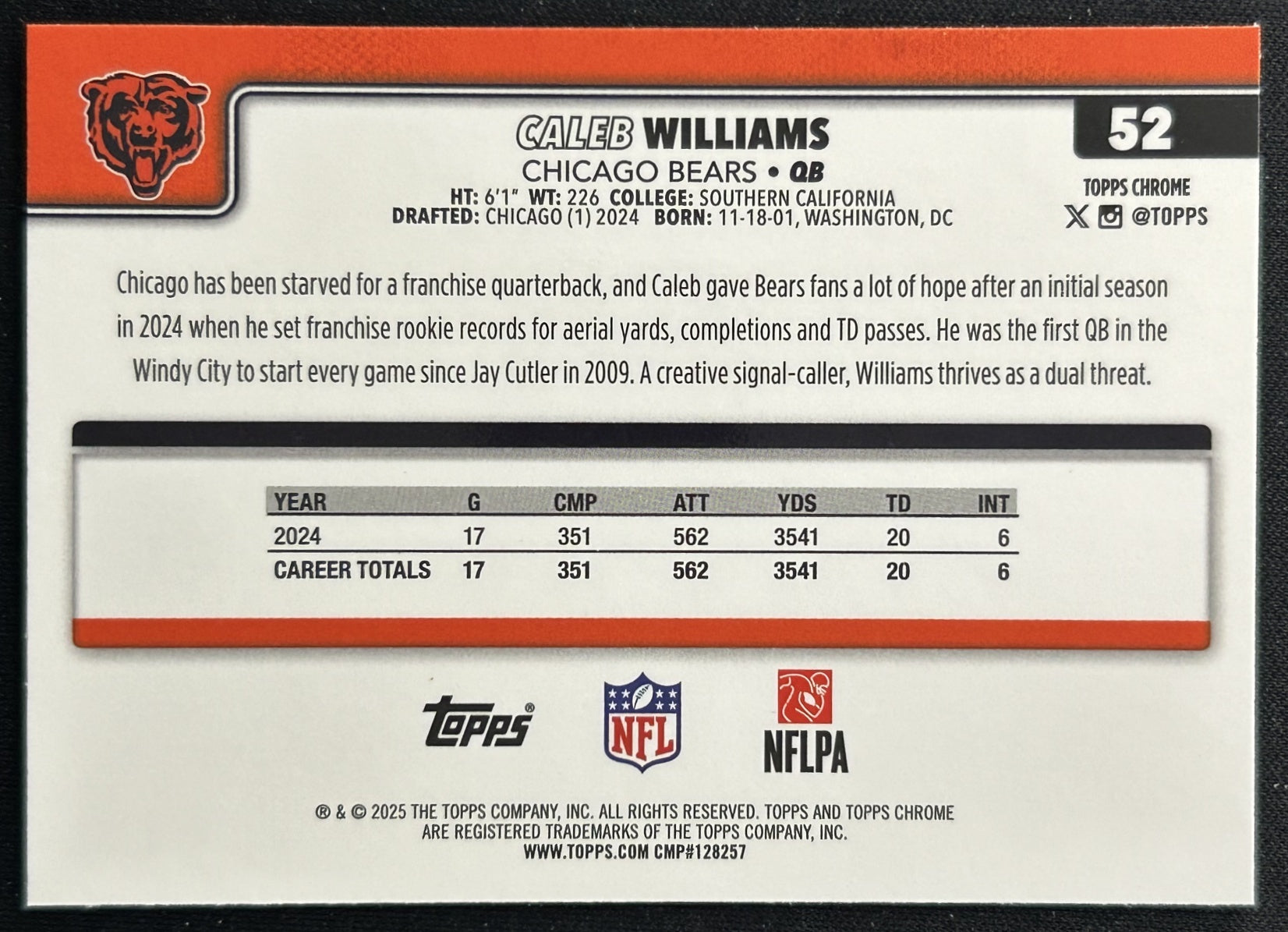 Caleb Williams 2025 Topps Chrome Bears