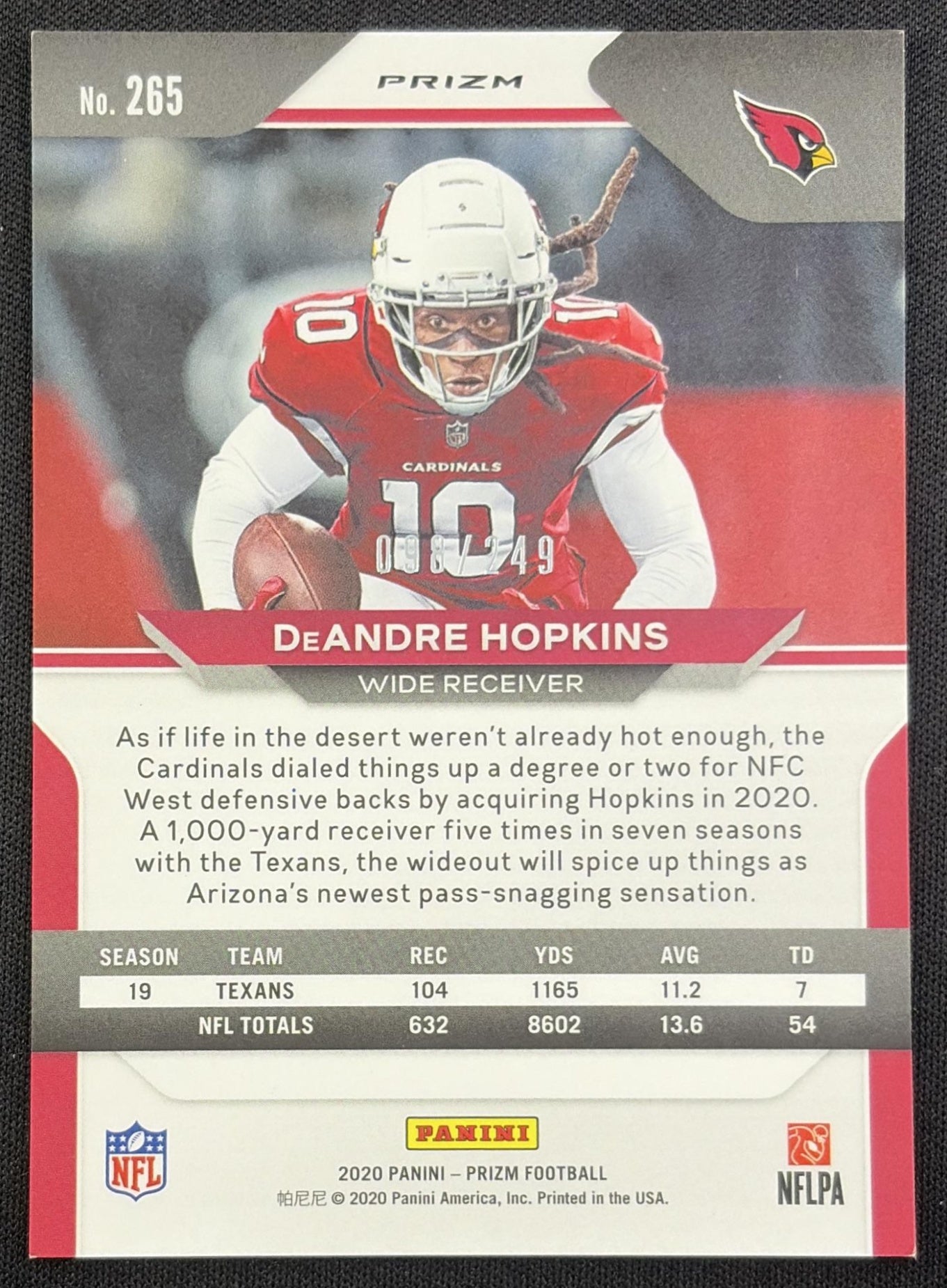 DeAndre Hopkins 2020 Panini Prizm Orange /249 Cardinals Arizona Cardinals