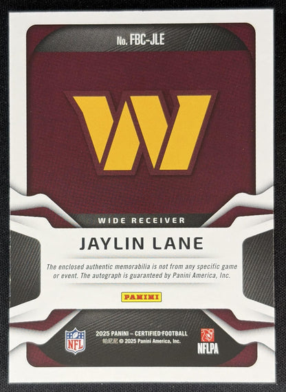 Jaylin Lane 2025 Certified Freshman Fabric Mirror Signatures Pink /299 Commanders back