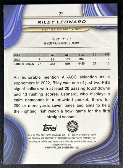 Riley Leonard 2024 Bowman Best University Speckle Refractor Fighting Irish