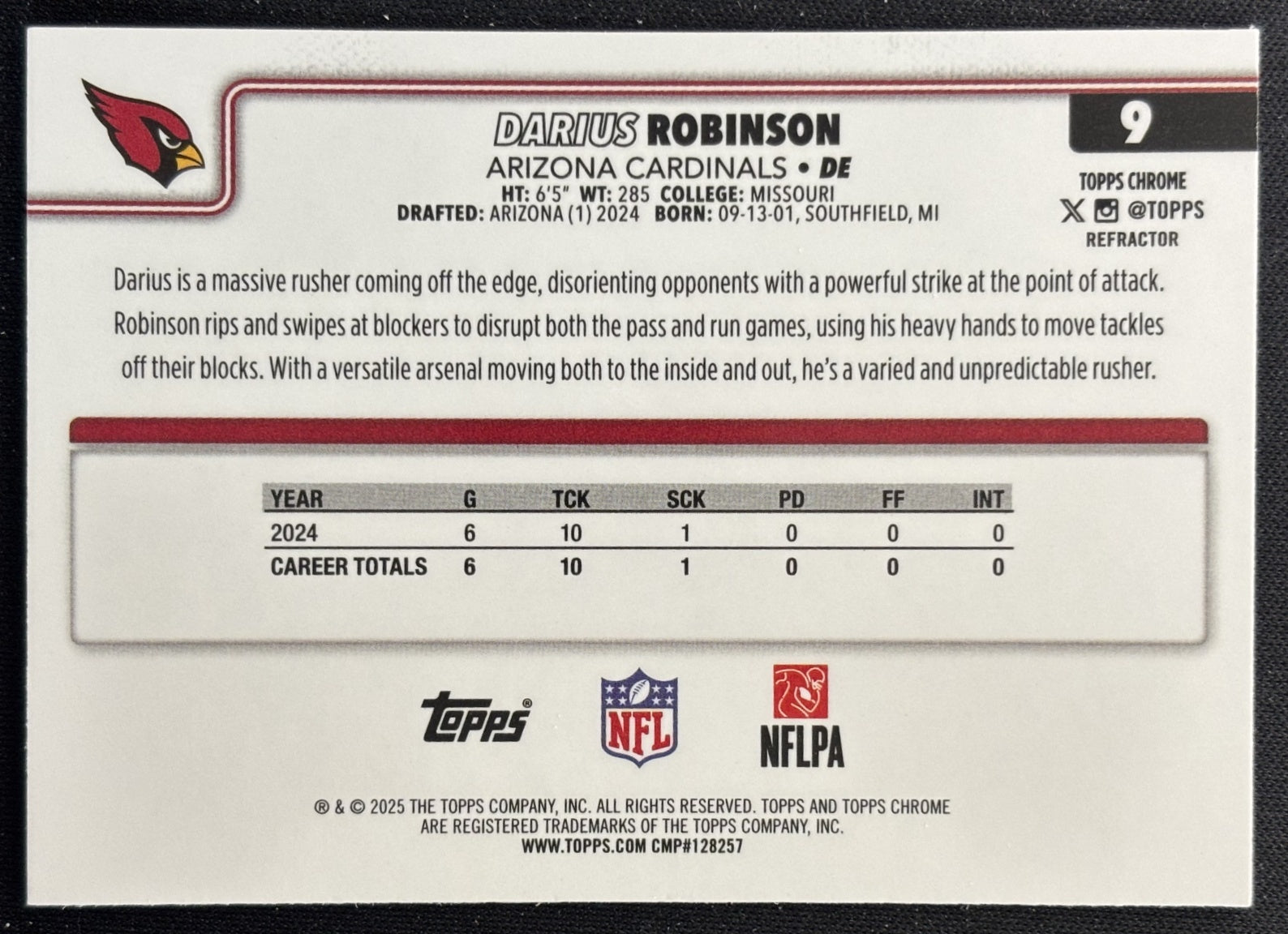Darius Robinson 2025 Topps Chrome Refractor Cardinals Sports Trading Cards