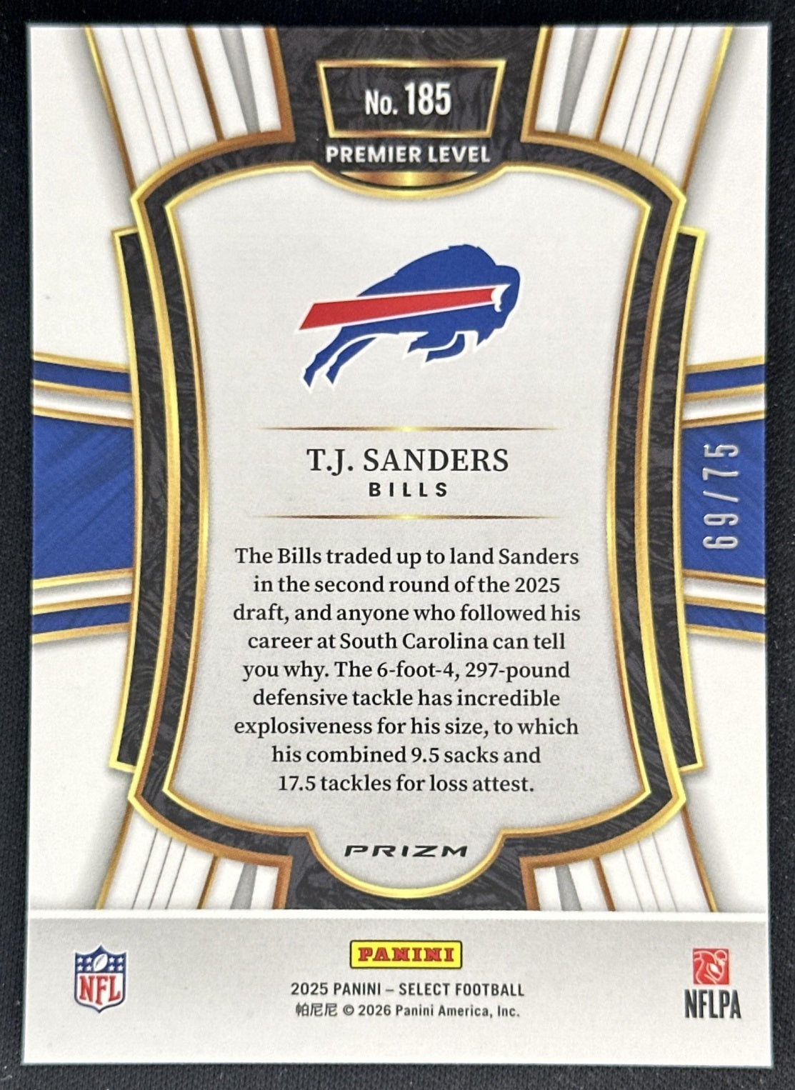 T.J. Sanders 2025 Panini Select Premier Level Purple Prizm Rookie /75 Bills Sports Trading Cards