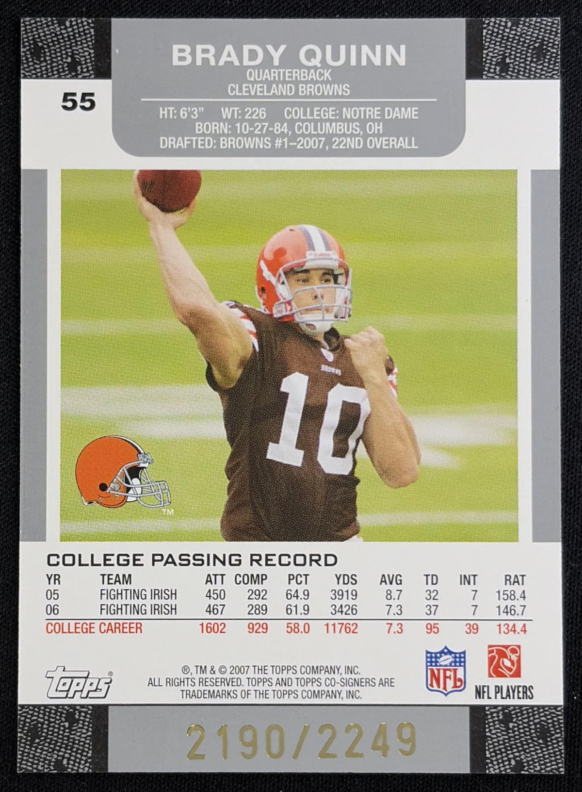 Brady Quinn 2007 Topps Co-Signers /2249 Browns Cleveland Browns Sports Trading Card