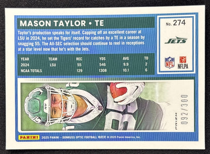 Mason Taylor 2025 Panini Donruss Optic Rated Rookie Wave Prizm /300 Jets