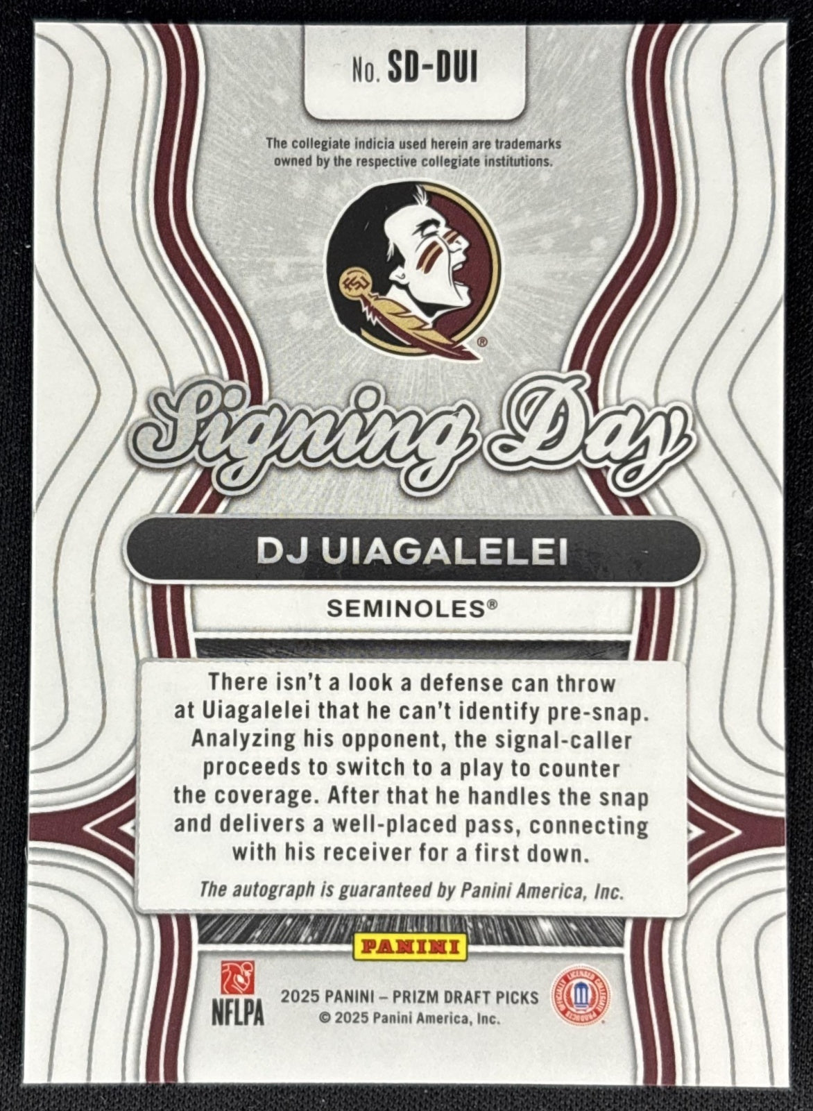 DJ Uiagalelei 2025 Panini Prizm Draft Picks Signing Day Seminoles Back