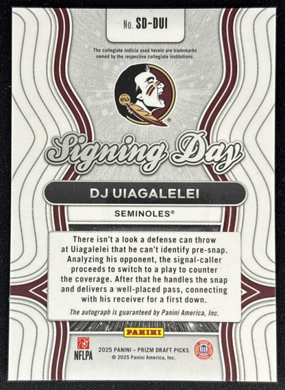 DJ Uiagalelei 2025 Panini Prizm Draft Picks Signing Day Seminoles Back