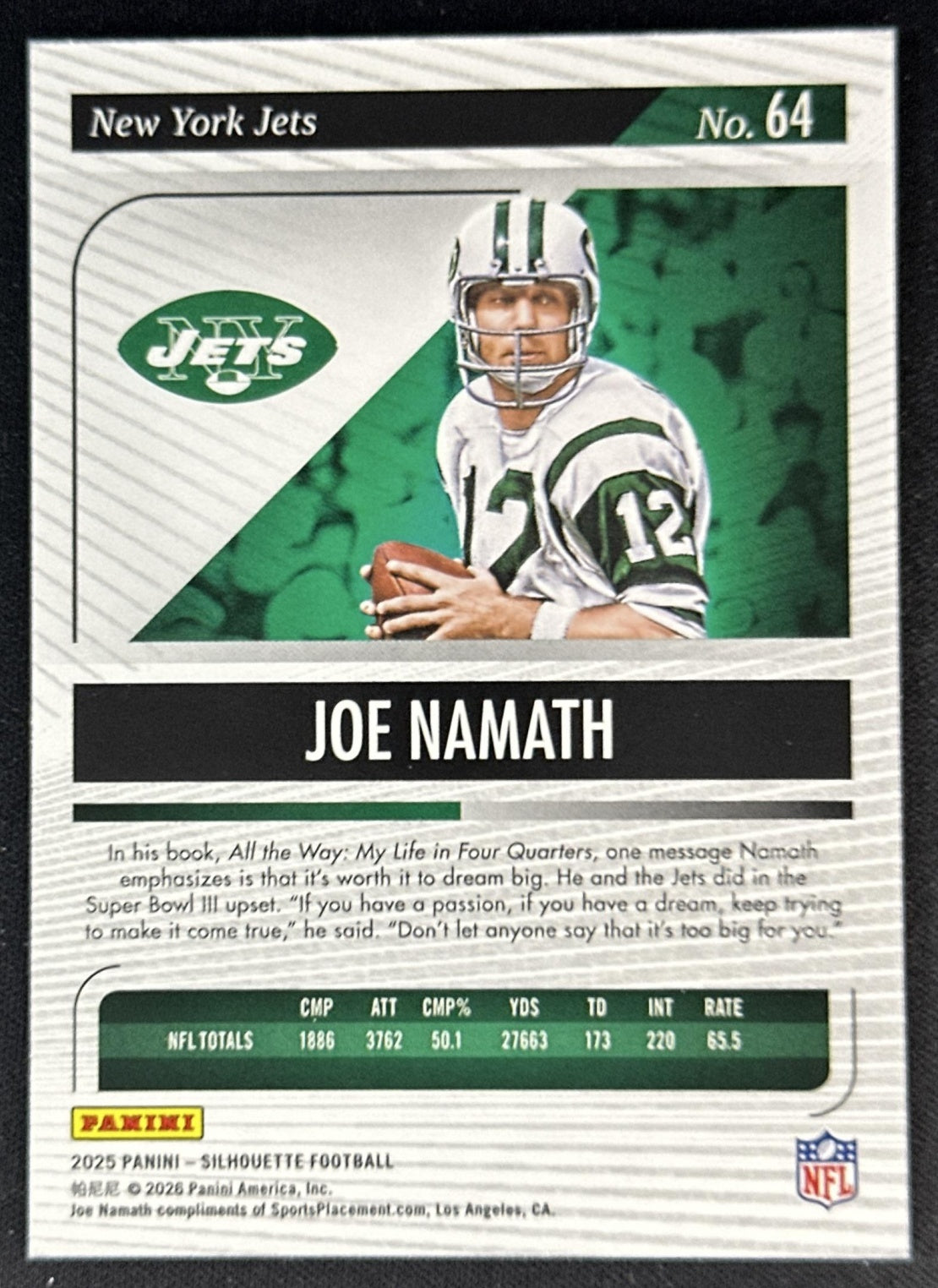 Joe Namath 2025 Panini Silhouette Jets