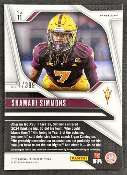 Shamari Simmons 2025 Panini Prizm Draft Picks Red /399 Sun Devils back