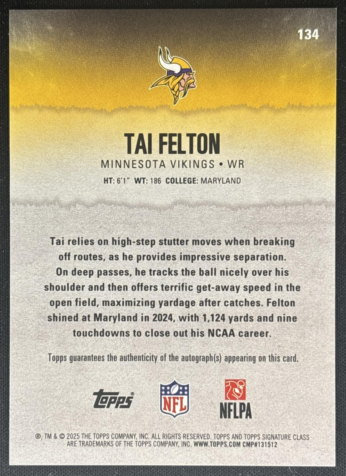 Tai Felton 2025 Topps Signature Class Rookie Auto Purple Foil /100 Vikings Sports Trading Cards