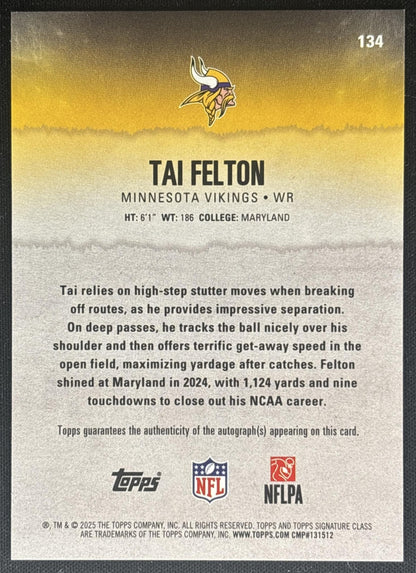 Tai Felton 2025 Topps Signature Class Rookie Auto Purple Foil /100 Vikings Sports Trading Cards