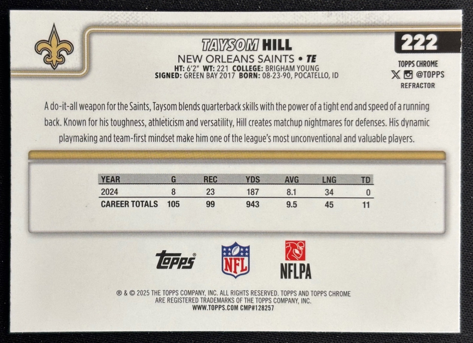 Taysom Hill 2025 Topps Chrome Refractor Saints Football