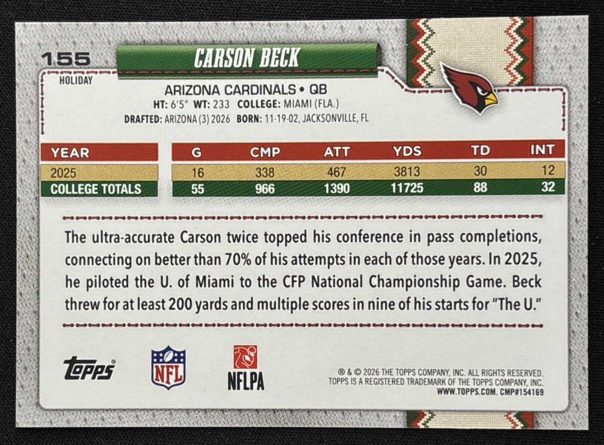 Carson Beck 2026 Topps Holiday Back Variation Cardinals Sports Trading Card