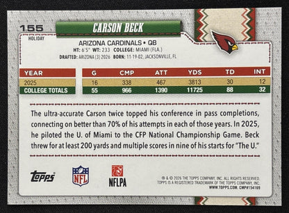 Carson Beck 2026 Topps Holiday Back Variation Cardinals Sports Trading Card