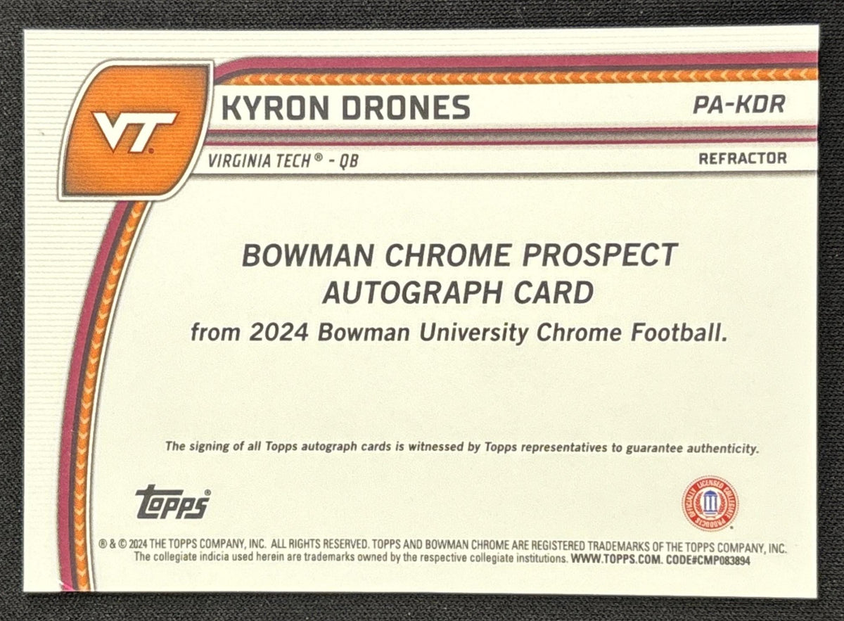 Kyron Drones 2024 Bowman Chrome University Prospect Auto Refractor /299 Hokies