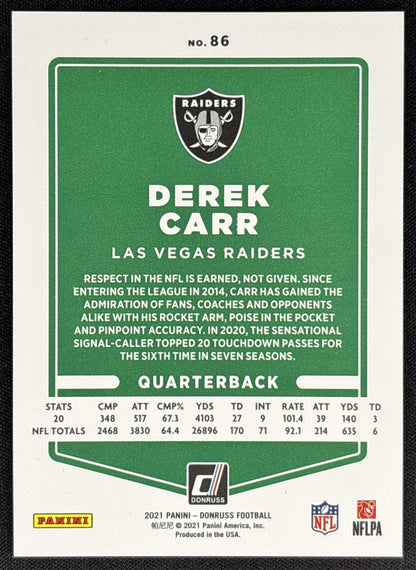 Derek Carr 2021 Panini Donruss Press Proof Premium Raiders