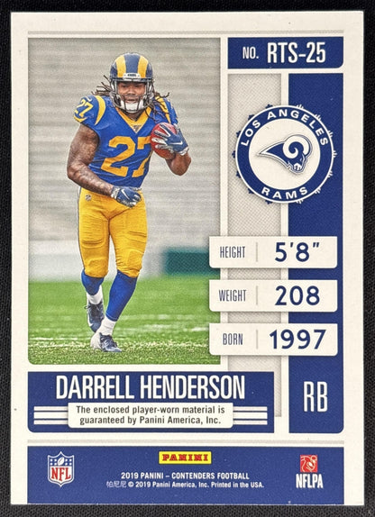 Darrell Henderson 2019 Panini Contenders Rookie Ticket Swatches Rams back