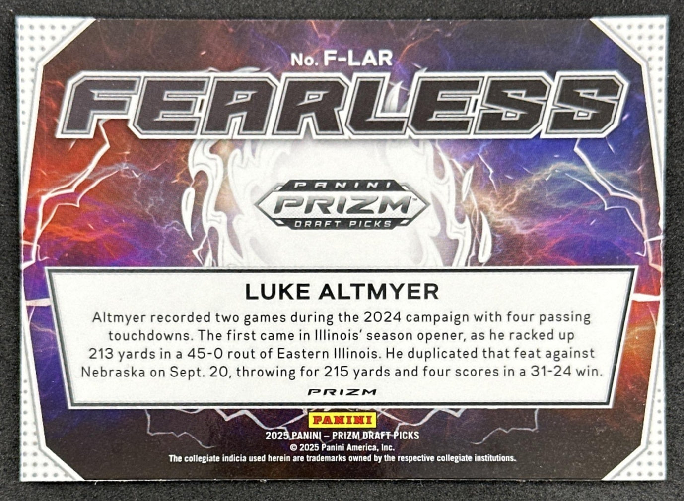 Luke Altmyer 2025 Panini Prizm Draft Picks Fearless Red Ice Fighting Illini Lions - Back