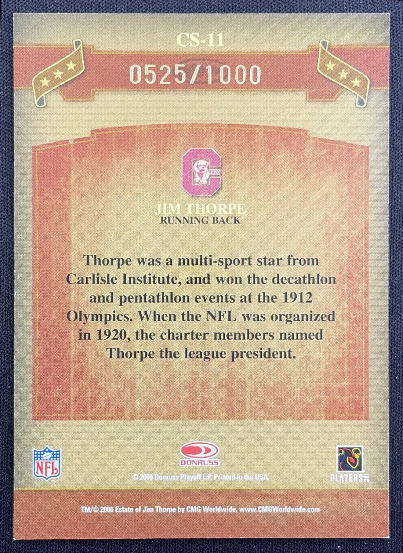 Jim Thorpe 2006 Donruss Classics Classic Singles Bronze /1000 back
