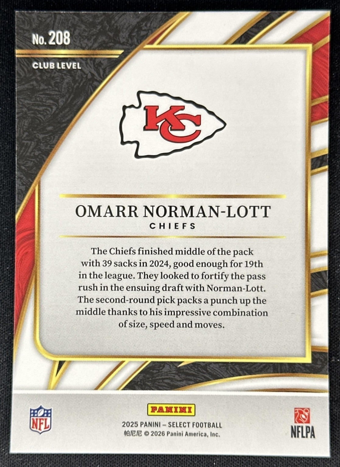 Omarr Norman-Lott 2025 Panini Select Club Level Chiefs back