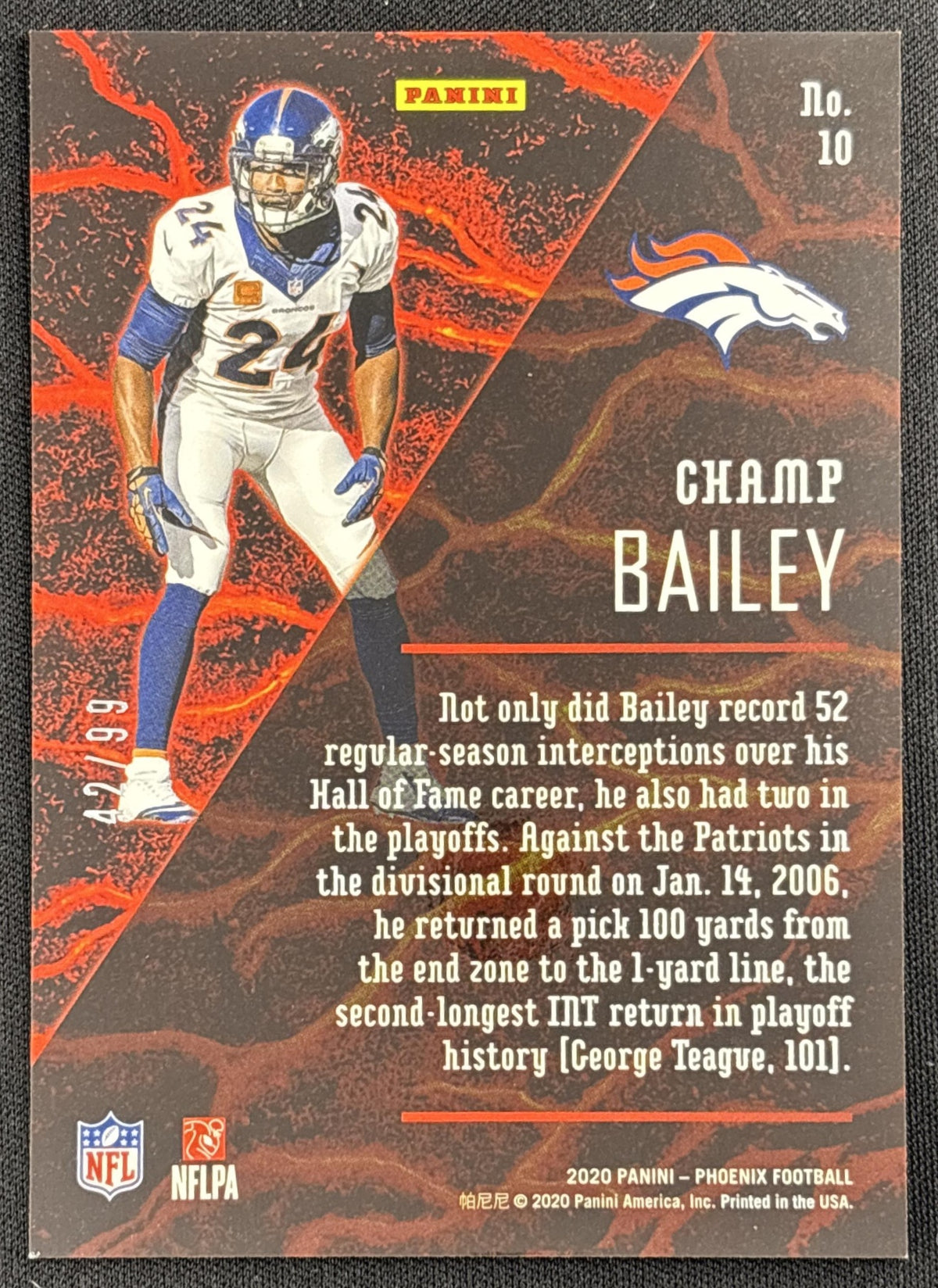 Champ Bailey 2020 Panini Phoenix Fire Forged Orange /99 Broncos