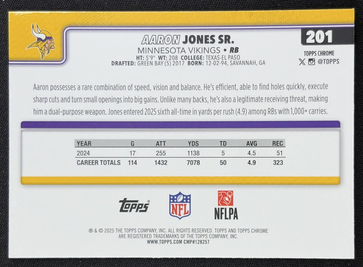 Aaron Jones Sr. 2025 Topps Chrome Teal Refractor /299 Vikings
