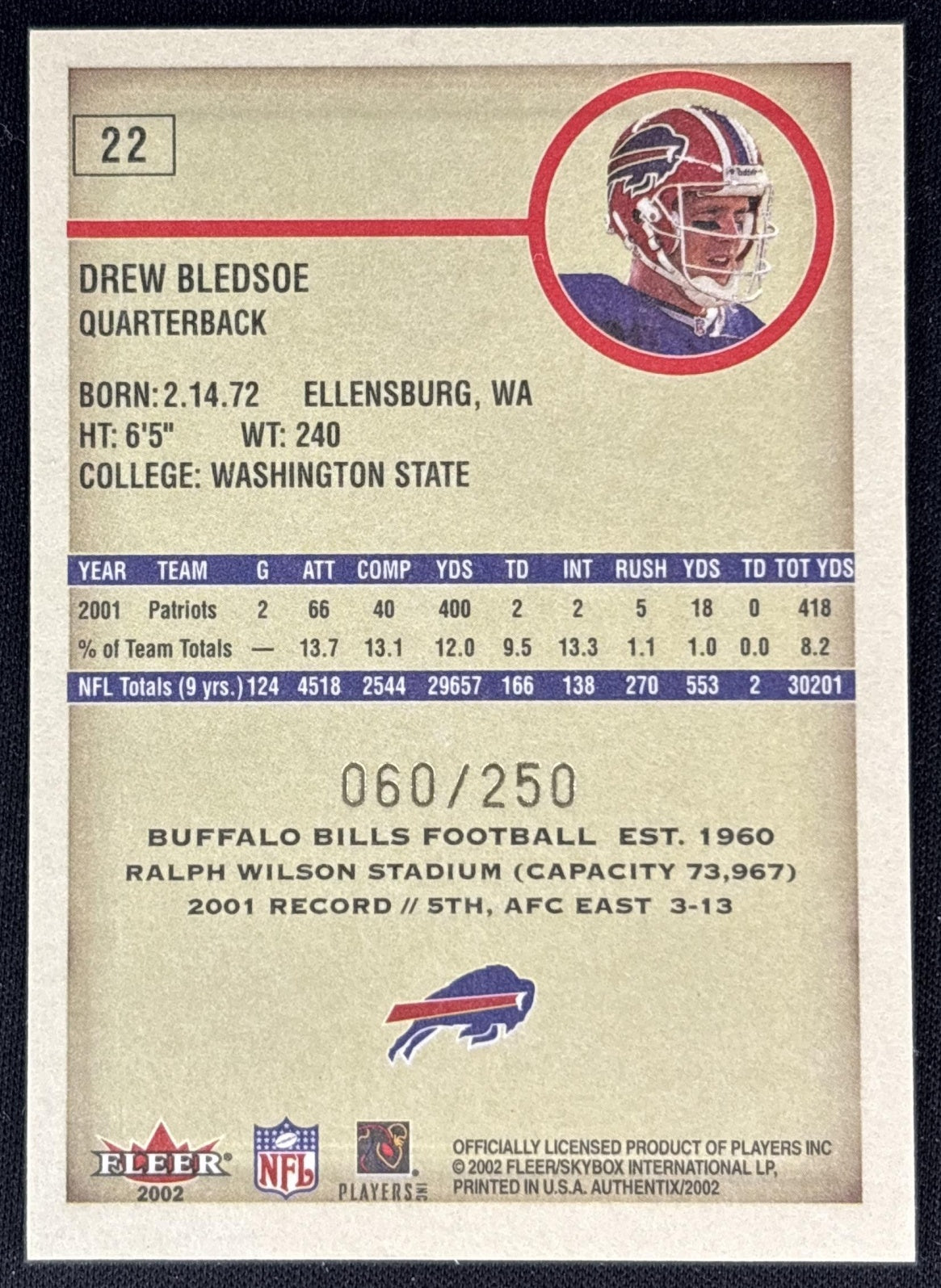 Drew Bledsoe 2002 Authentic /250 Bills back