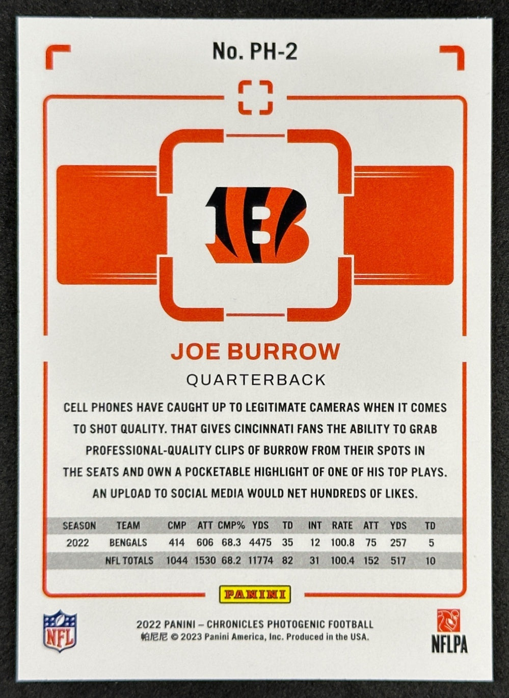 Joe Burrow 2022 Chronicles Photogenic Orange Bengals Sports Trading Card