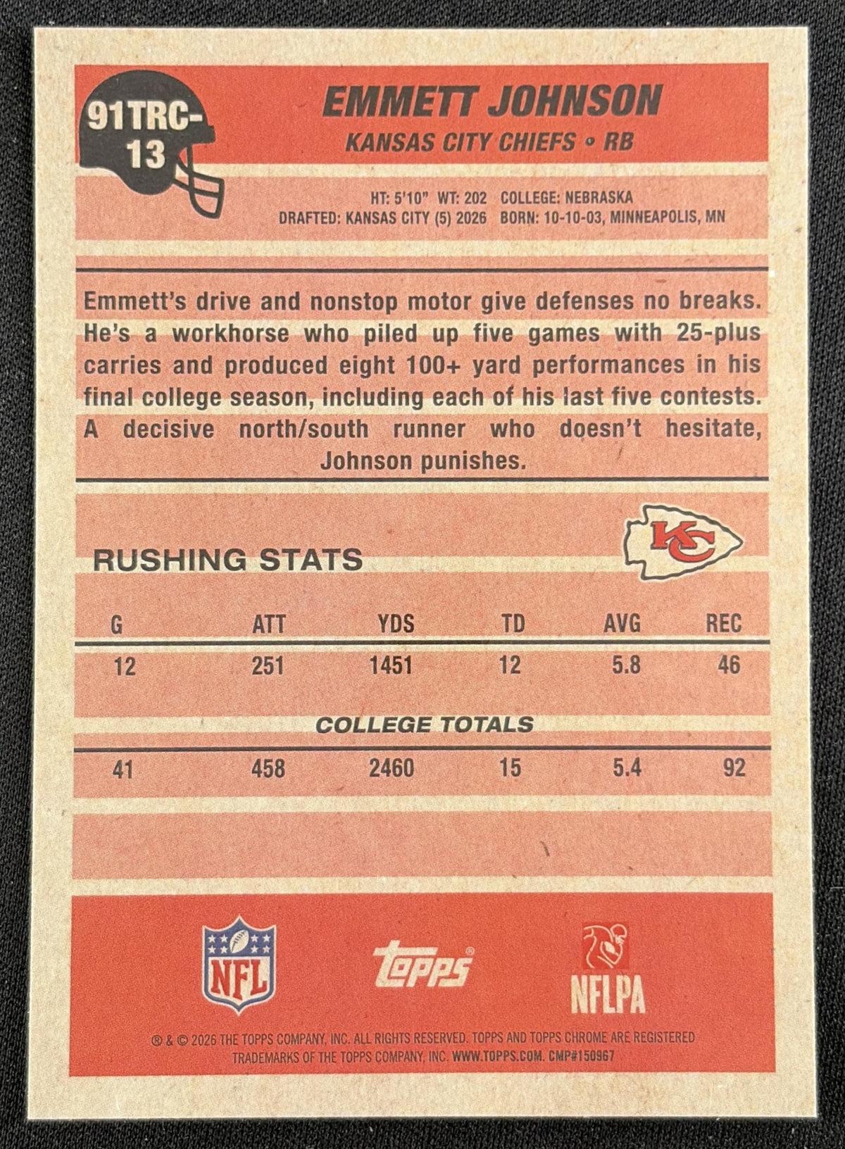 Emmett Johnson 2026 Topps 1991 Chrome Rookie Mojo Refractor Chiefs back