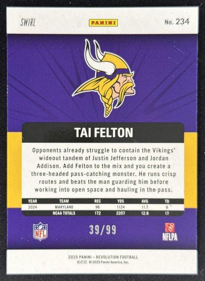 Tai Felton 2025 Panini Revolution Rookies Blue Swirl /99 Vikings Sports Trading Card