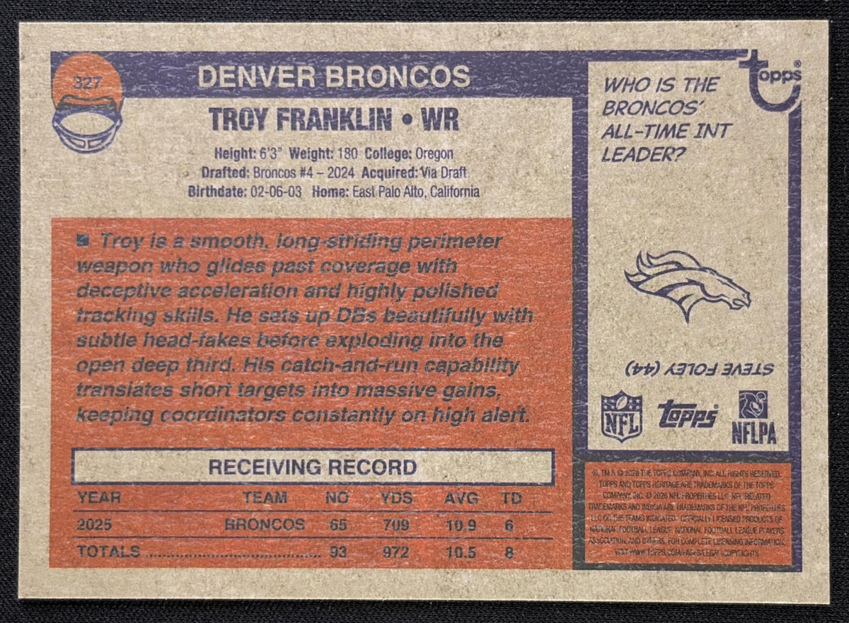 Troy Franklin 2026 Topps Heritage Chrome Pink Sparkle Broncos