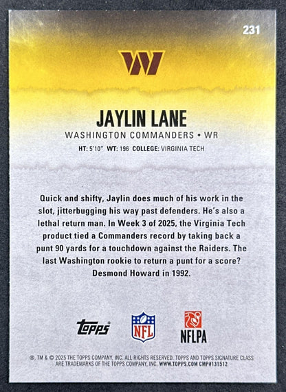 Jaylin Lane 2025 Topps Signature Class Rookie Blue & Yellow Foil Commanders