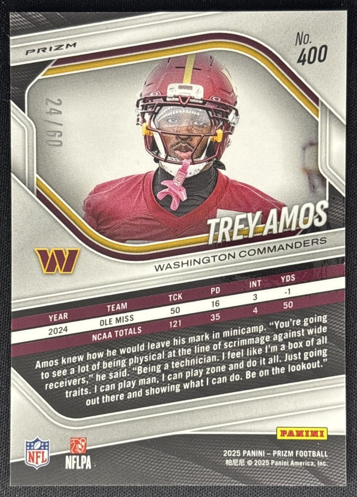 Trey Amos 2025 Panini Prizm Super Bowl LX /60 Commanders Sports Trading Cards