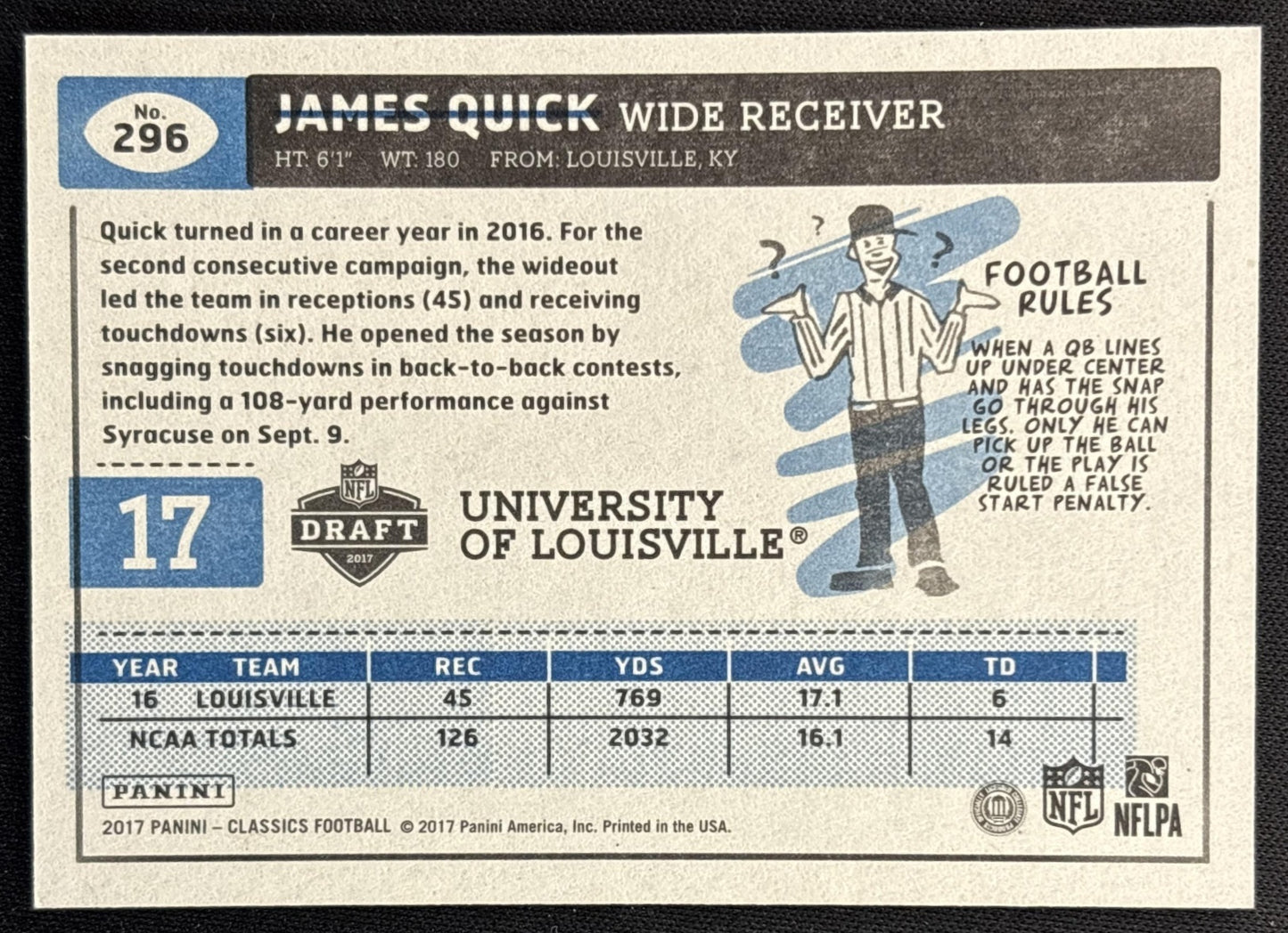James Quick 2017 Panini Classics Blue Back /175 Sports Trading Cards