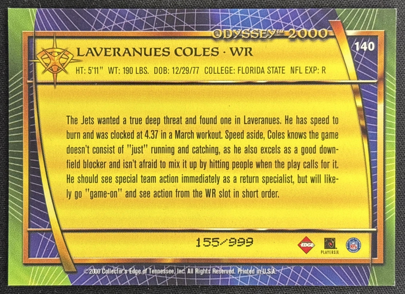 Laveranues Coles 2000 Collector's Edge Odyssey /999 Jets back