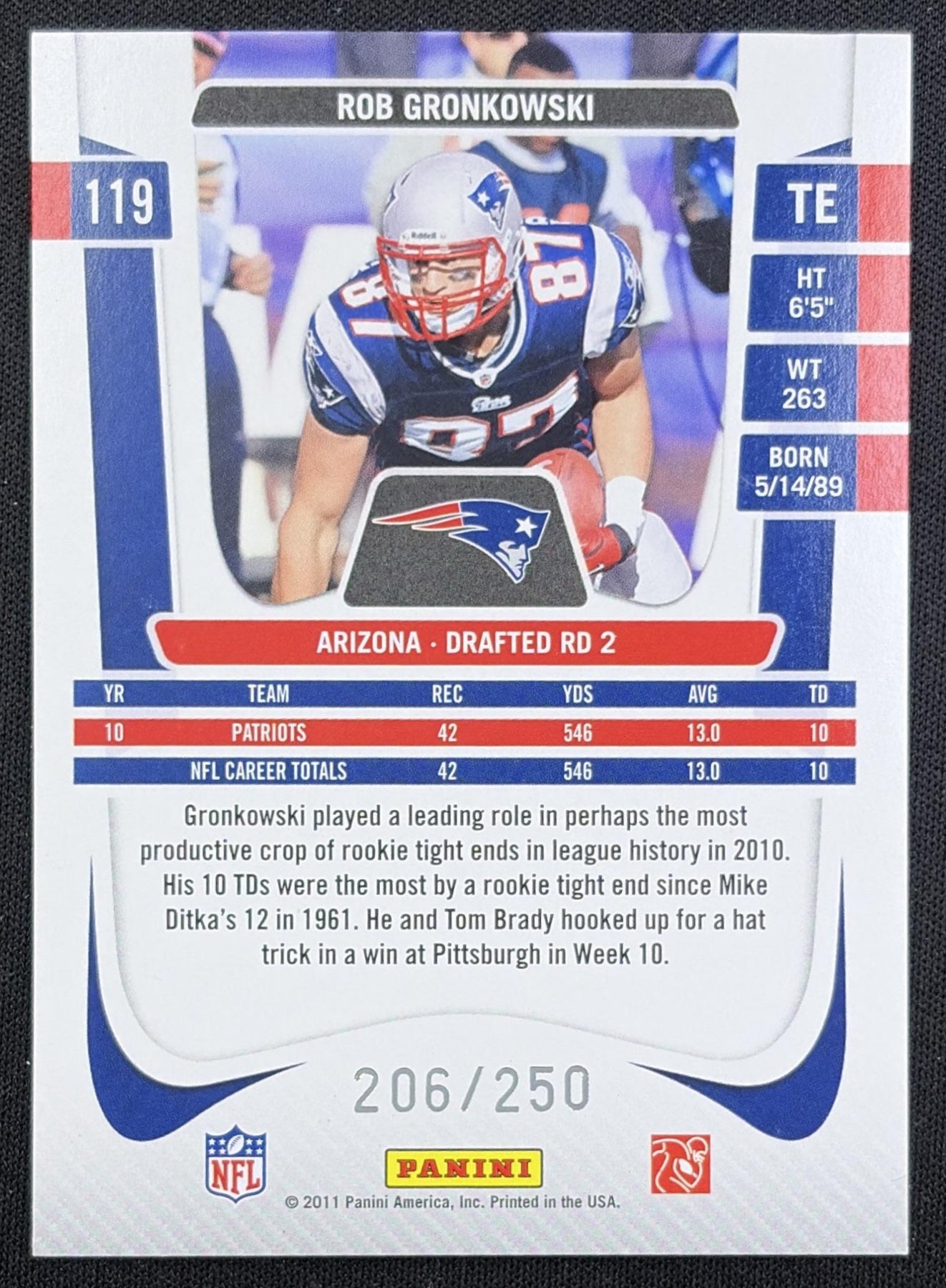 Rob Gronkowski 2011 Panini Prestige Xtra Points Gold /250 Patriots back