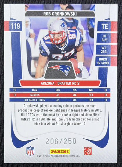 Rob Gronkowski 2011 Panini Prestige Xtra Points Gold /250 Patriots back