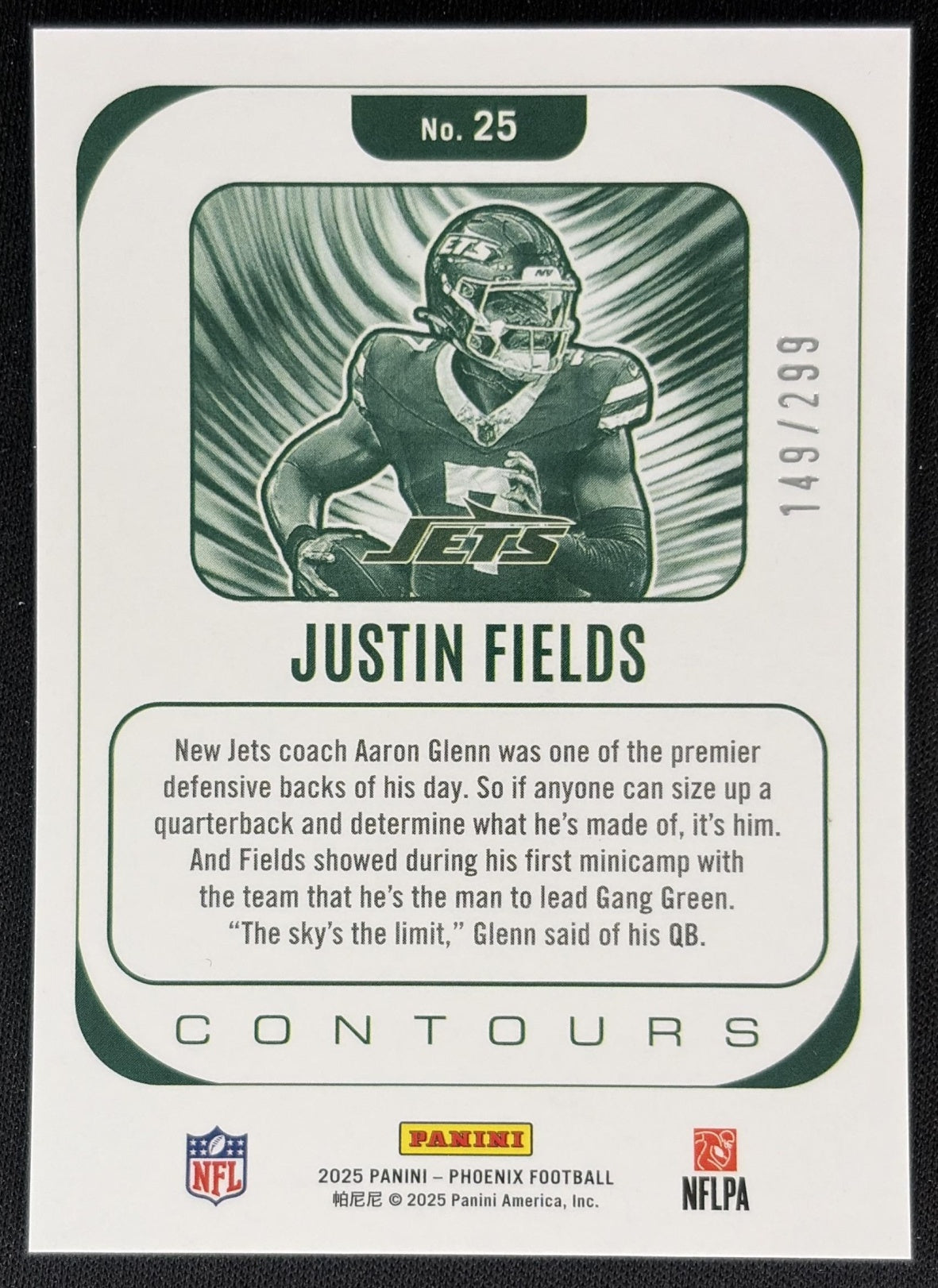 Justin Fields 2025 Panini Phoenix Contours Silver Hyper /299 Jets Sports Trading Cards