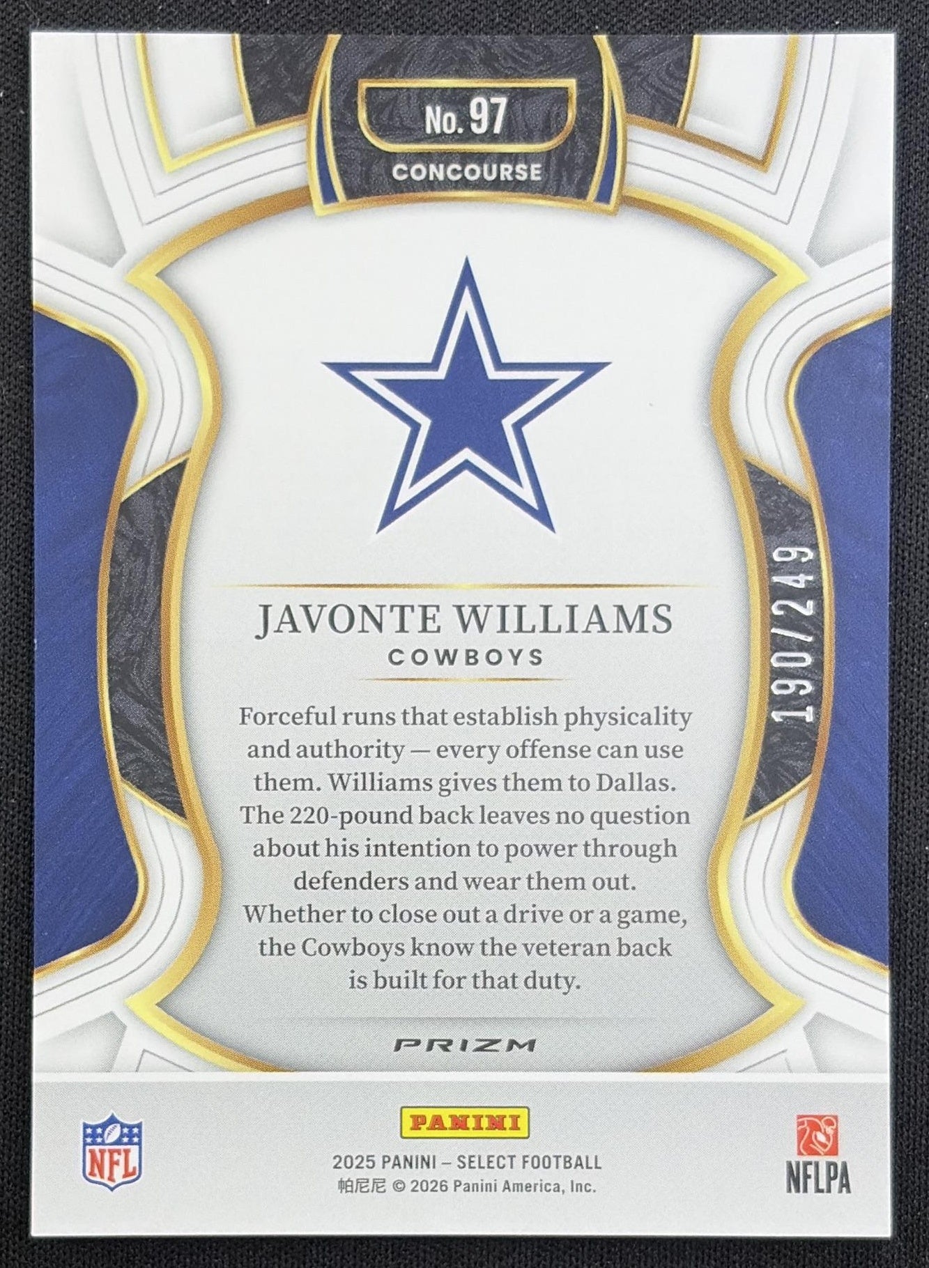 Javonte Williams 2025 Panini Select Concourse Blue Prizm /249 Cowboys Dallas Cowboys back