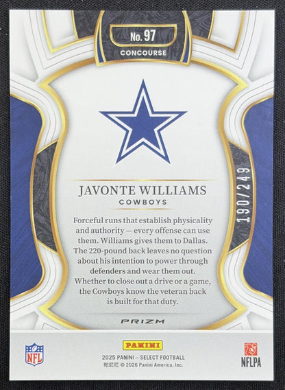 Javonte Williams 2025 Panini Select Concourse Blue Prizm /249 Cowboys Dallas Cowboys back