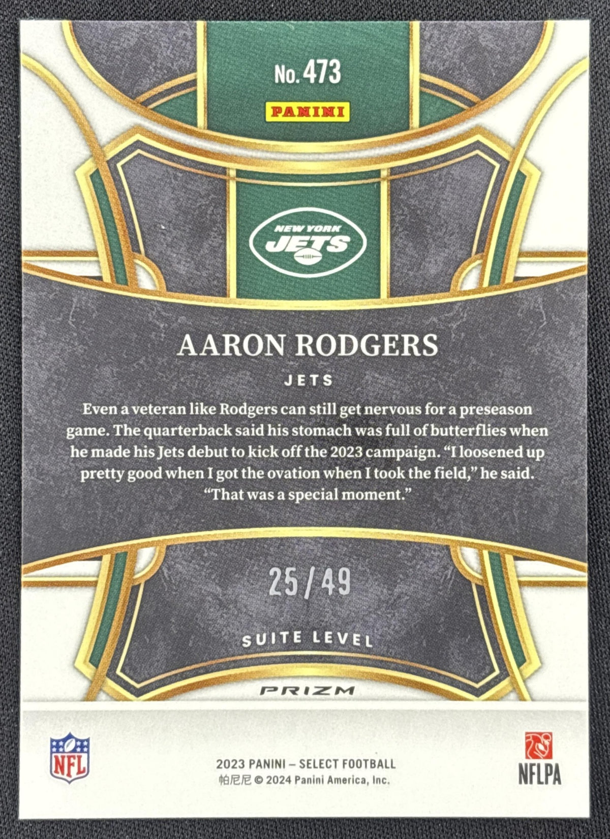 Aaron Rodgers 2023 Panini Select Disco Red Prizms /49 Jets