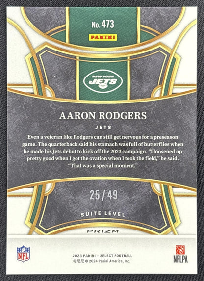 Aaron Rodgers 2023 Panini Select Disco Red Prizms /49 Jets