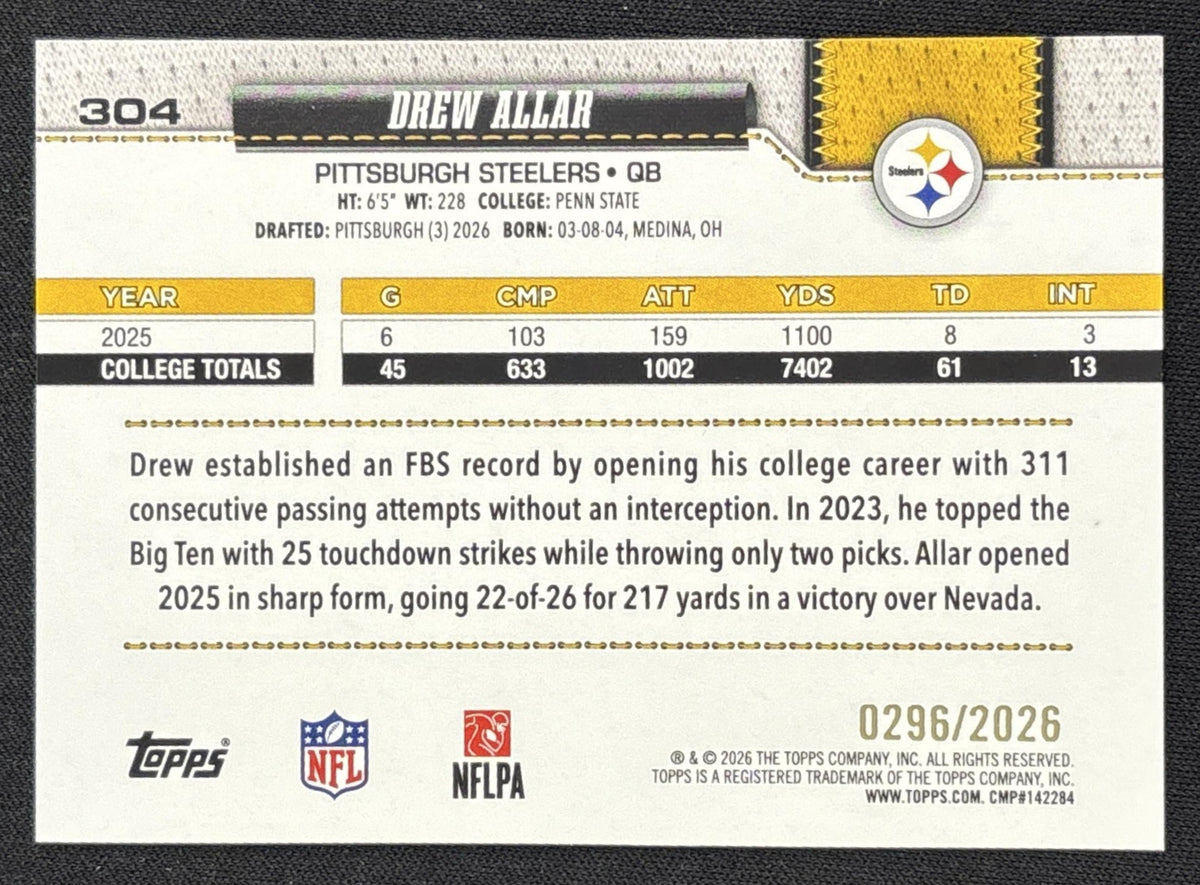 Drew Allar 2026 Topps Gold /2026 Steelers