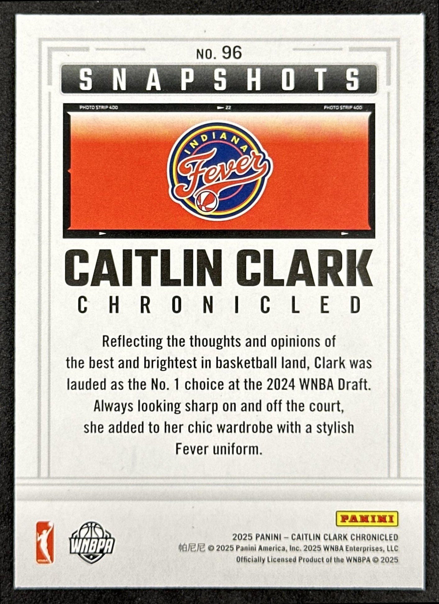 Caitlin Clark 2025 Panini Chronicled Snap Shots Holo Fever 96 Indiana Fever