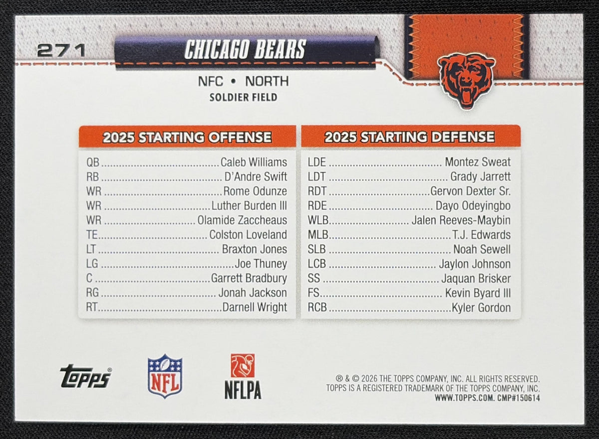 Chicago Bears 2026 Topps Rainbow Foil back