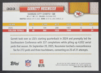 Garrett Nussmeier 2026 Topps Fanatics Foil Chiefs Sports Trading Card