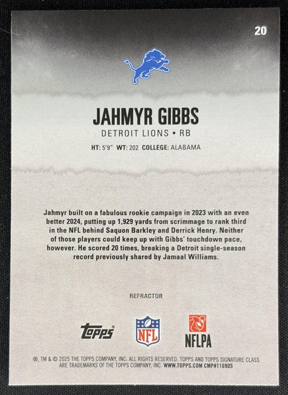Jahmyr Gibbs 2025 Topps Signature Class Chrome Veteran White Refractor Lions back