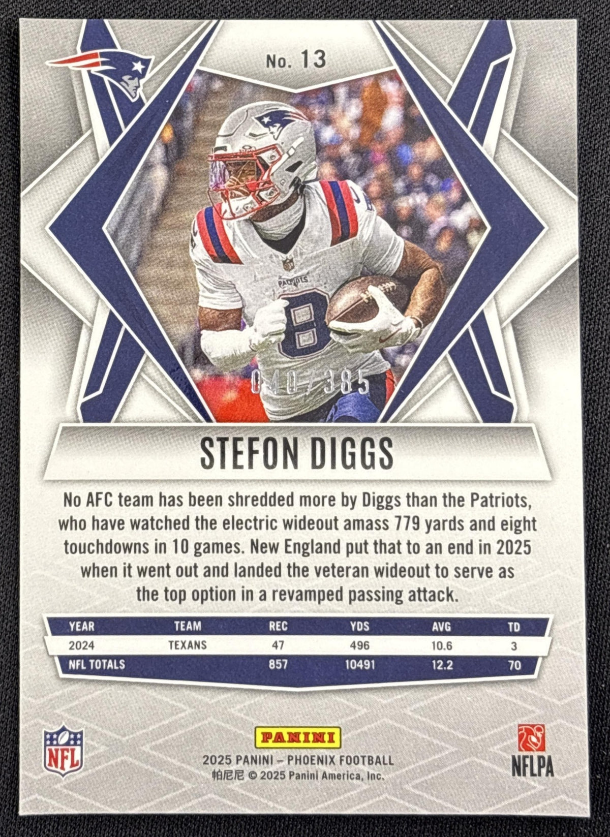 Stefon Diggs 2025 Panini Phoenix Light Blue Pyramids Prizm /385 Patriots