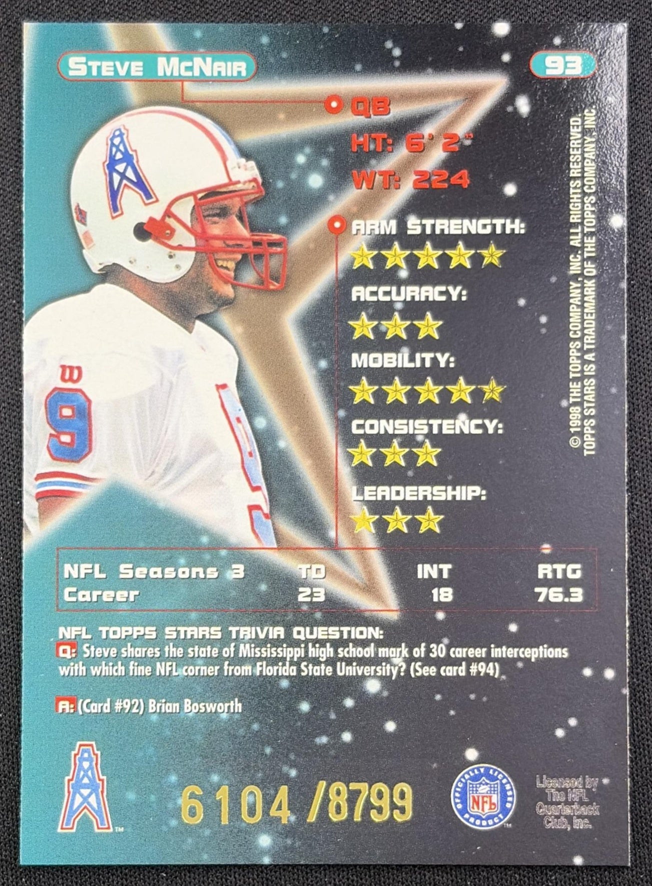Steve McNair 1998 Topps Stars /8799 back