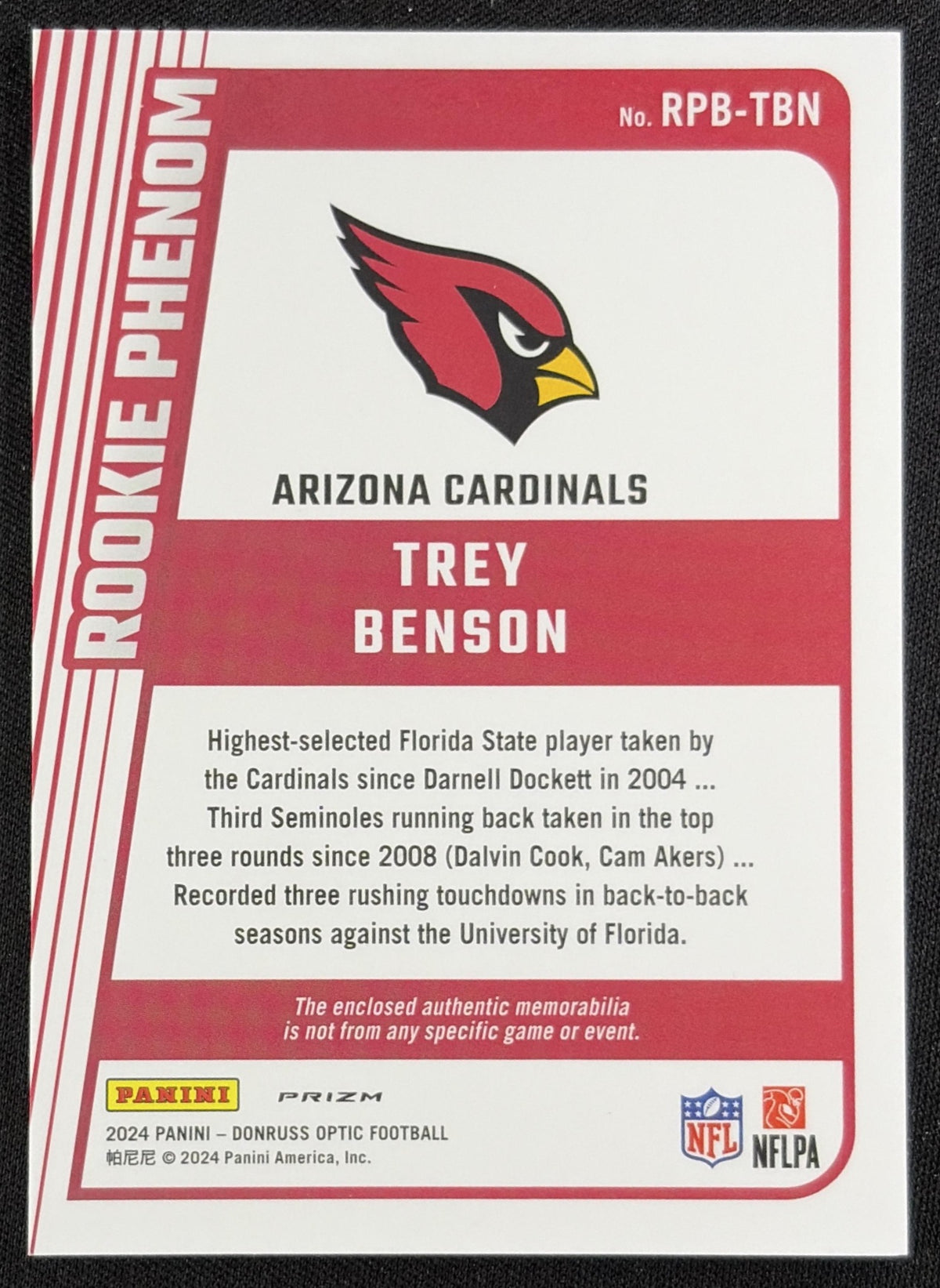 Trey Benson 2024 Panini Donruss Optic Rookie Phenoms Blue Hyper Cardinals