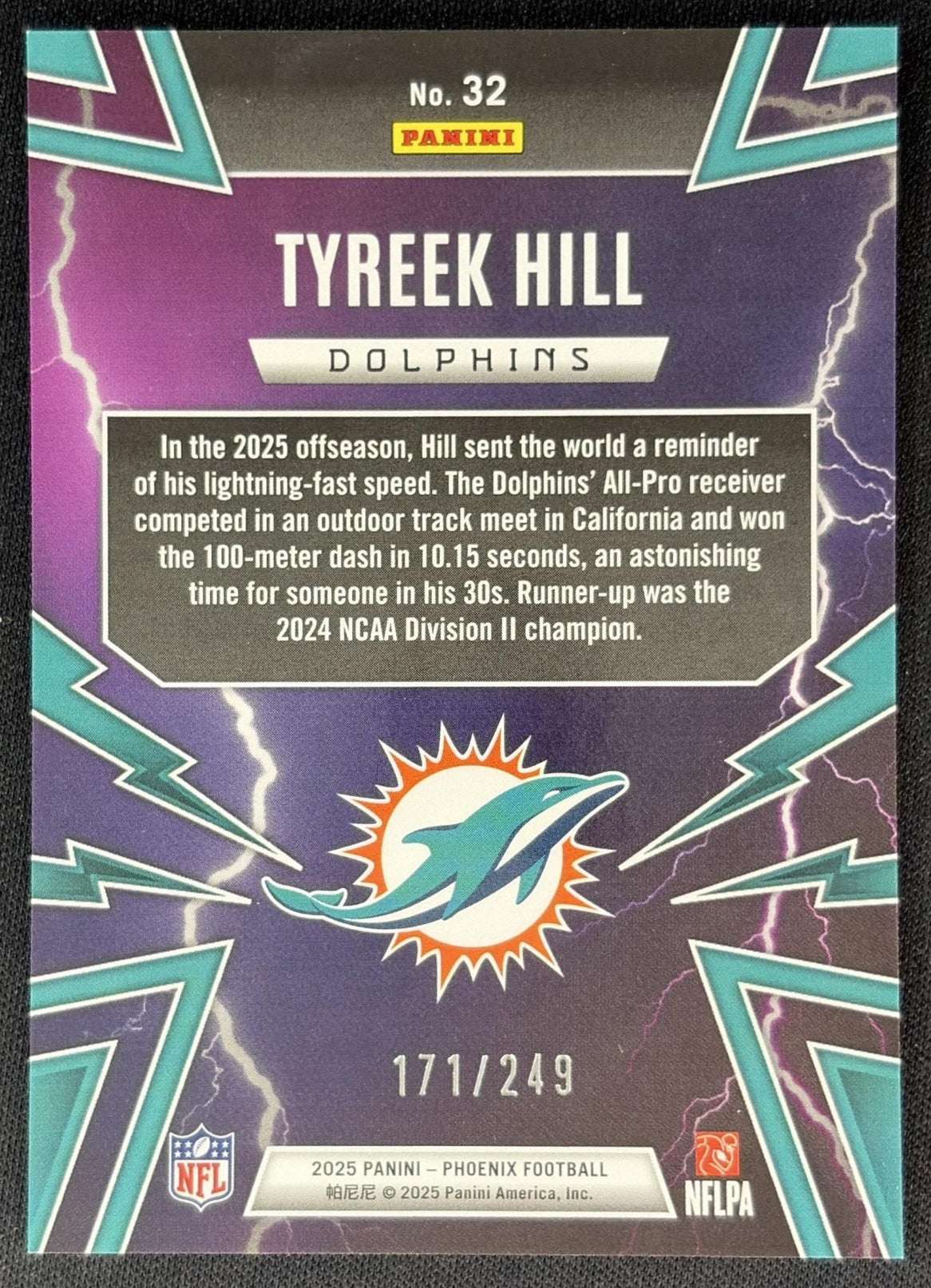 Tyreek Hill 2025 Panini Phoenix Thunderbirds Silver Pandora Prizm /249 Dolphins back